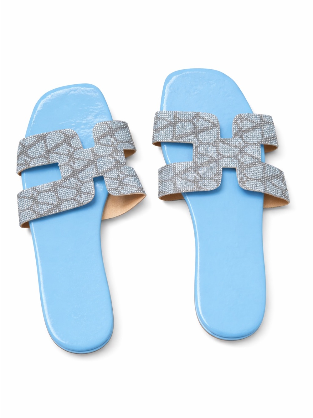 Slide Sandals with Textured Gray Straps.